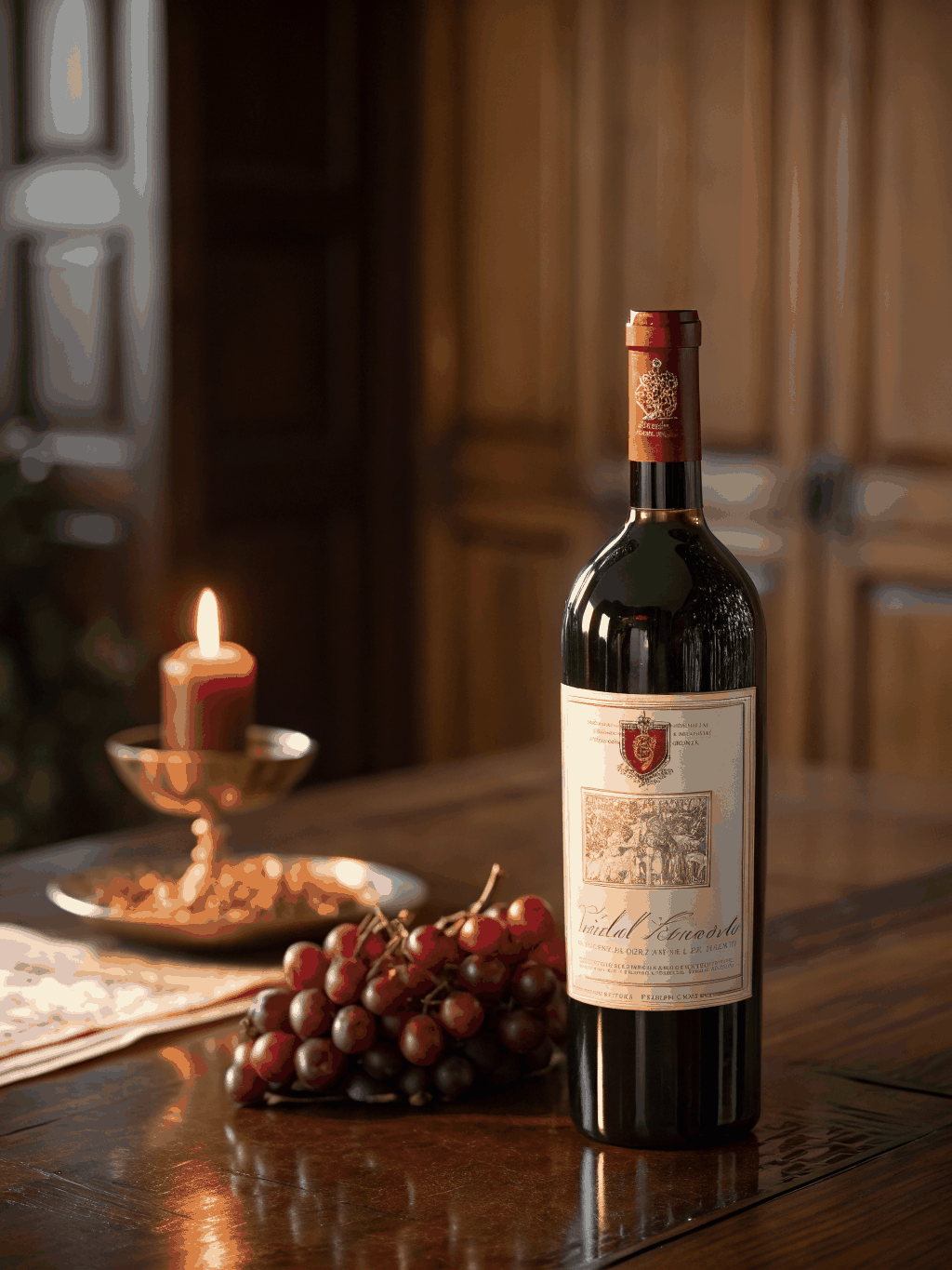 Bottle of vintage Brunello di Montalcino with crystal wine glass