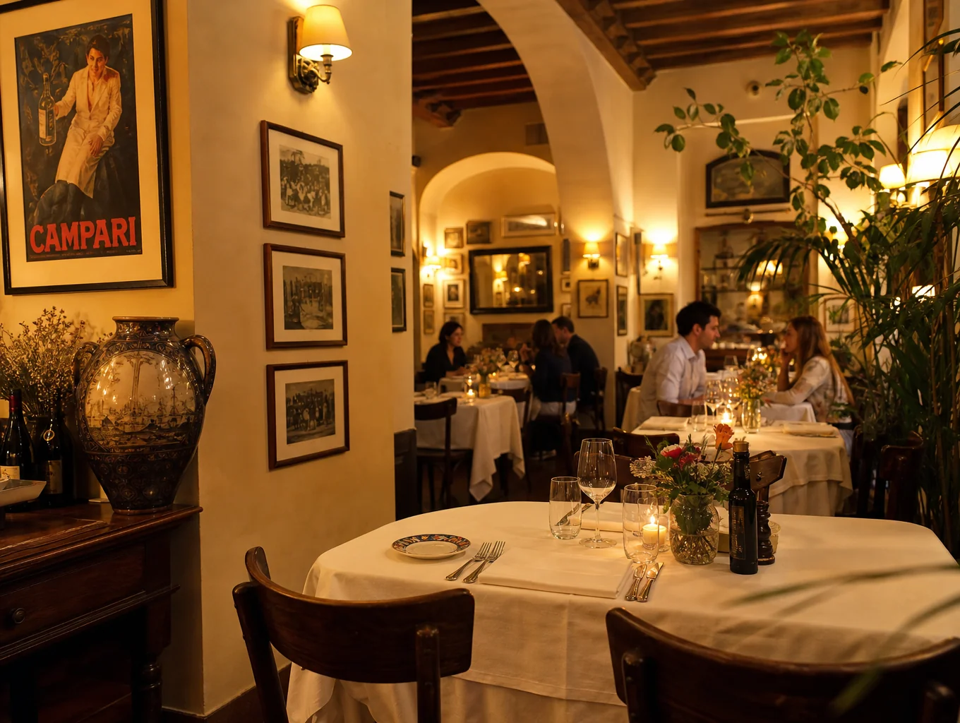 Modern Italian restaurant dining room with warm lighting and elegant decor