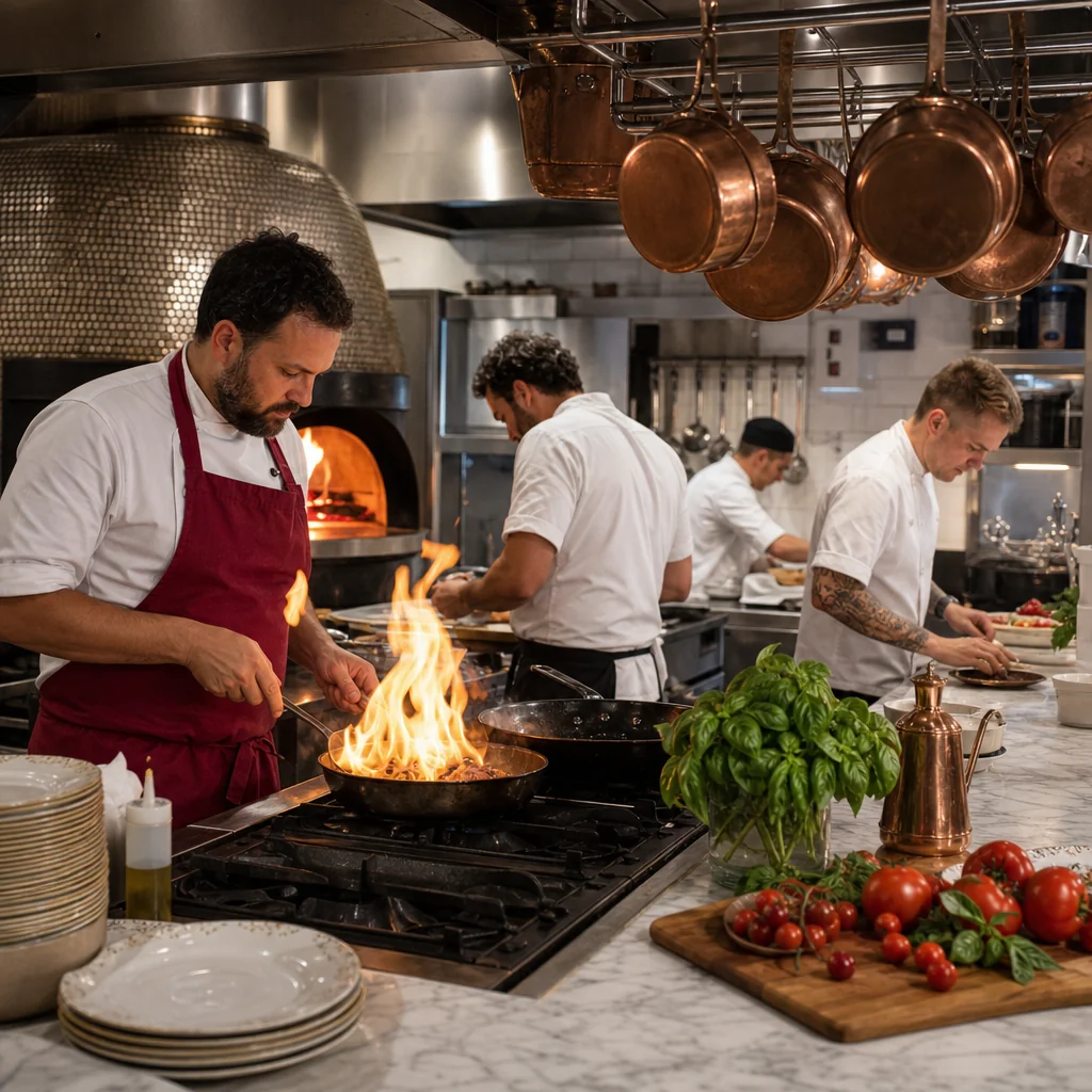 Chefs working in a professional open kitchen environment