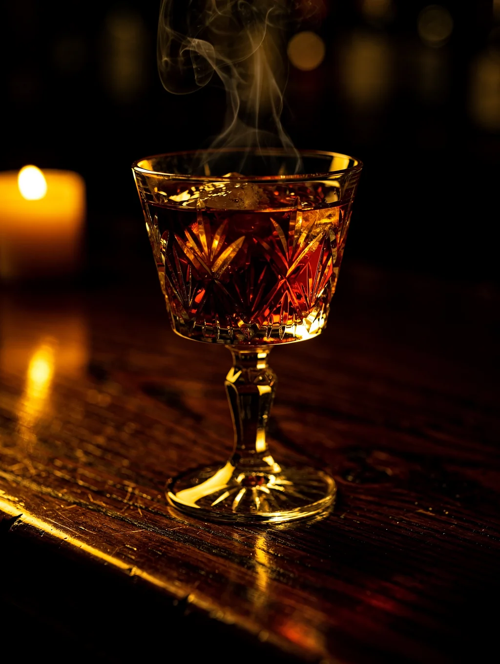 Handcrafted smoked Negroni cocktail with artisanal ice sphere