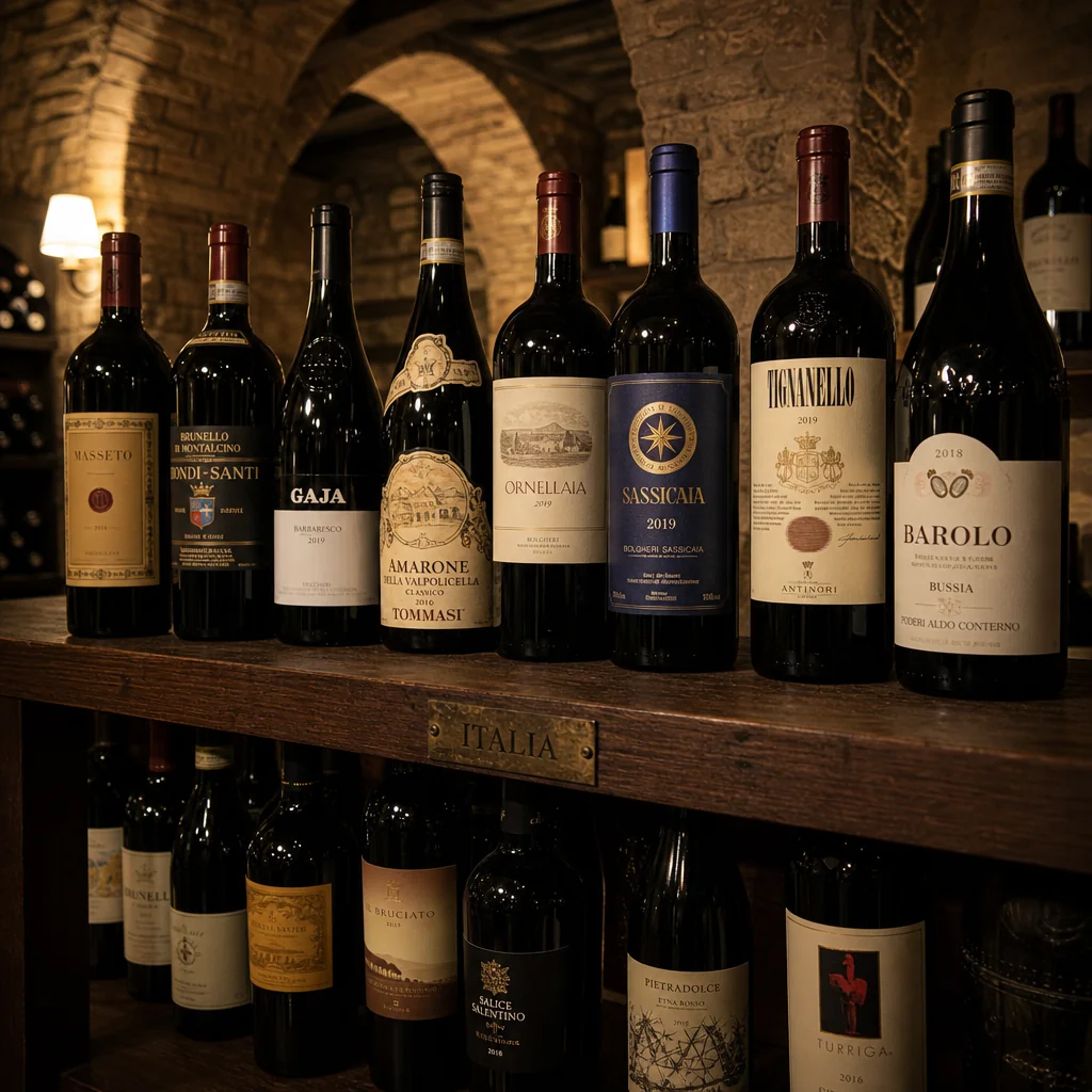 Selection of fine Italian wines in a restaurant cellar